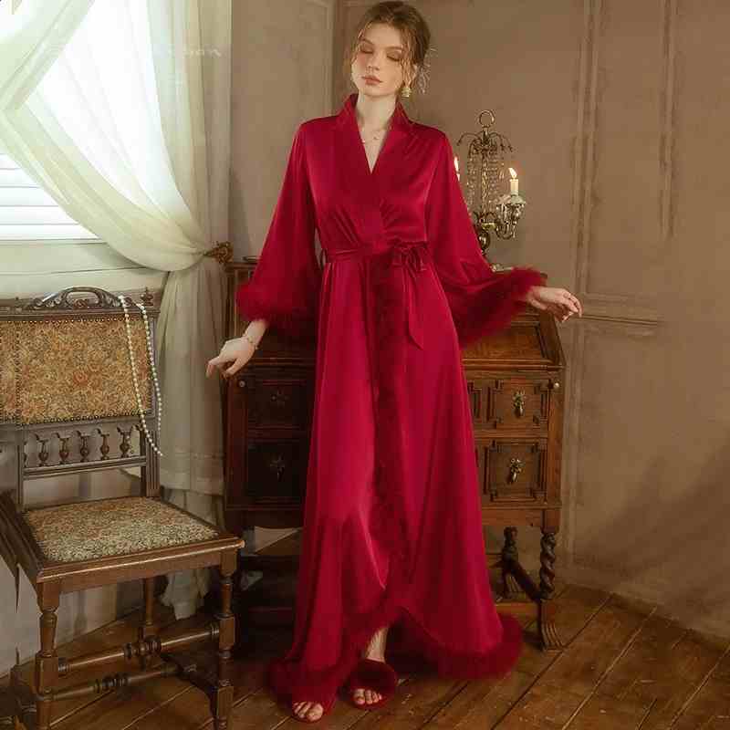 Satin Feather-Trimmed Robe & Slip Dress Set