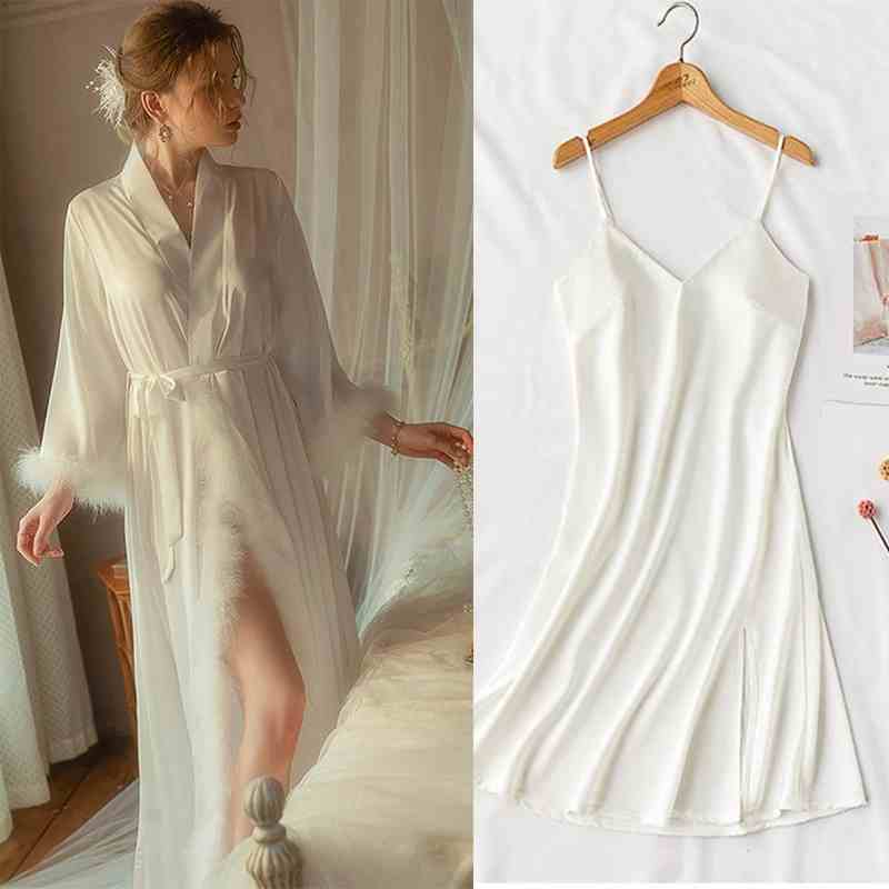 Satin Feather-Trimmed Robe & Slip Dress Set