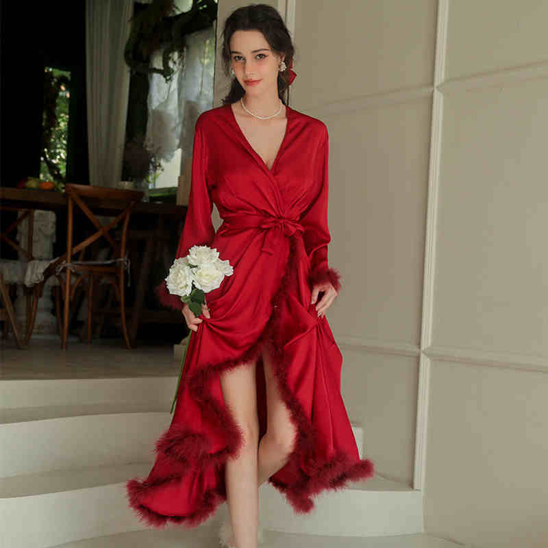 Satin Feather-Trimmed Robe & Slip Dress Set