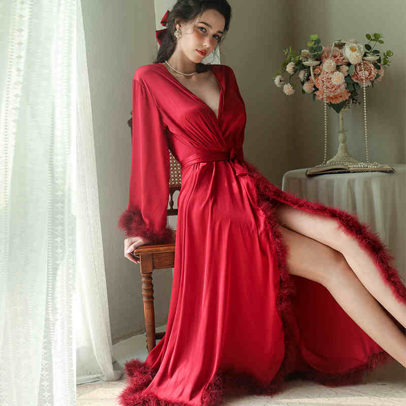 Satin Feather-Trimmed Robe & Slip Dress Set