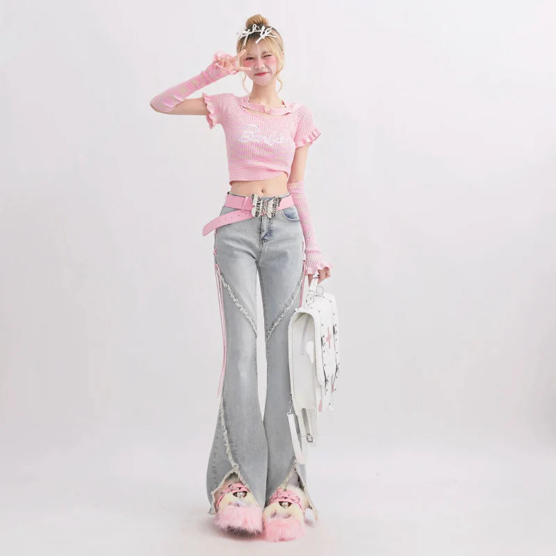 Flare Denim Jeans with Button Detail