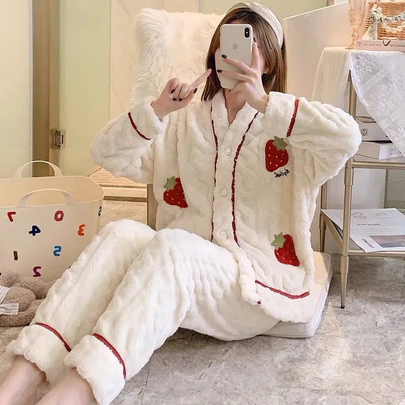 Strawberry Print Winter Pajama Set