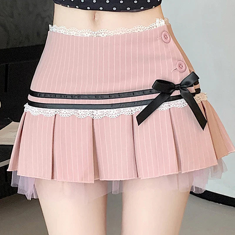 Pleated Mini Skirt with Lace & Ribbon Trim