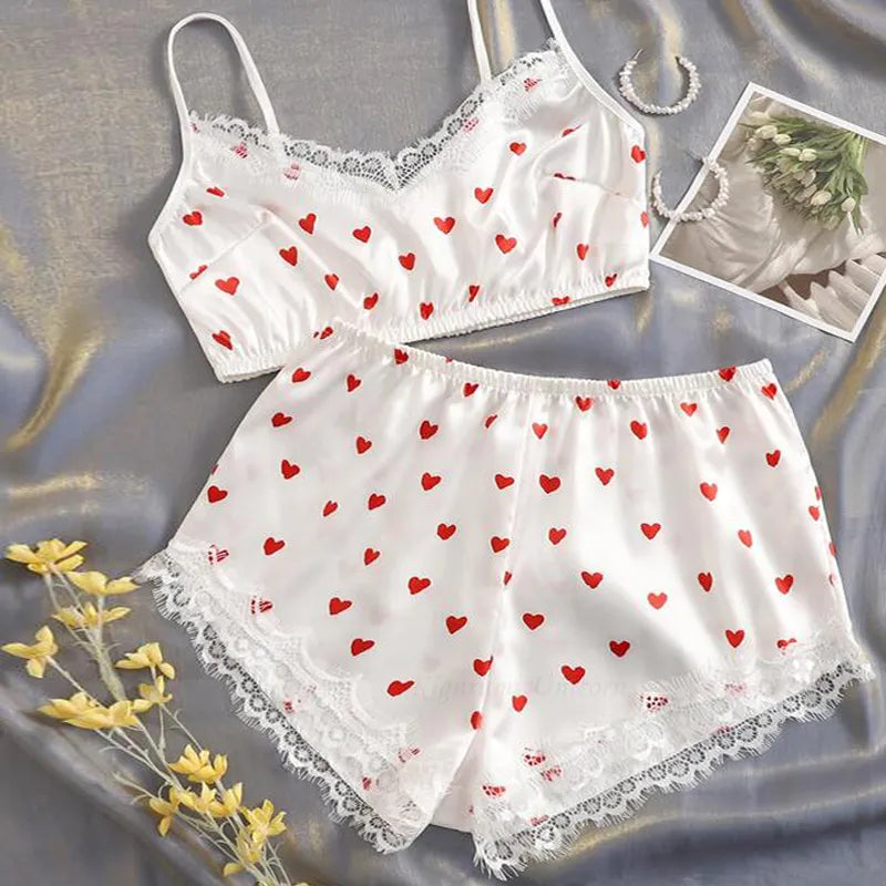 Heart Print Crop Top Pajama Set