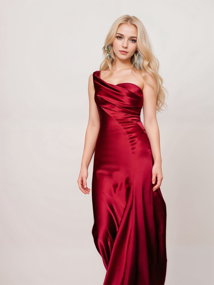 One-Shoulder Pleated Mermaid Satin Gown
