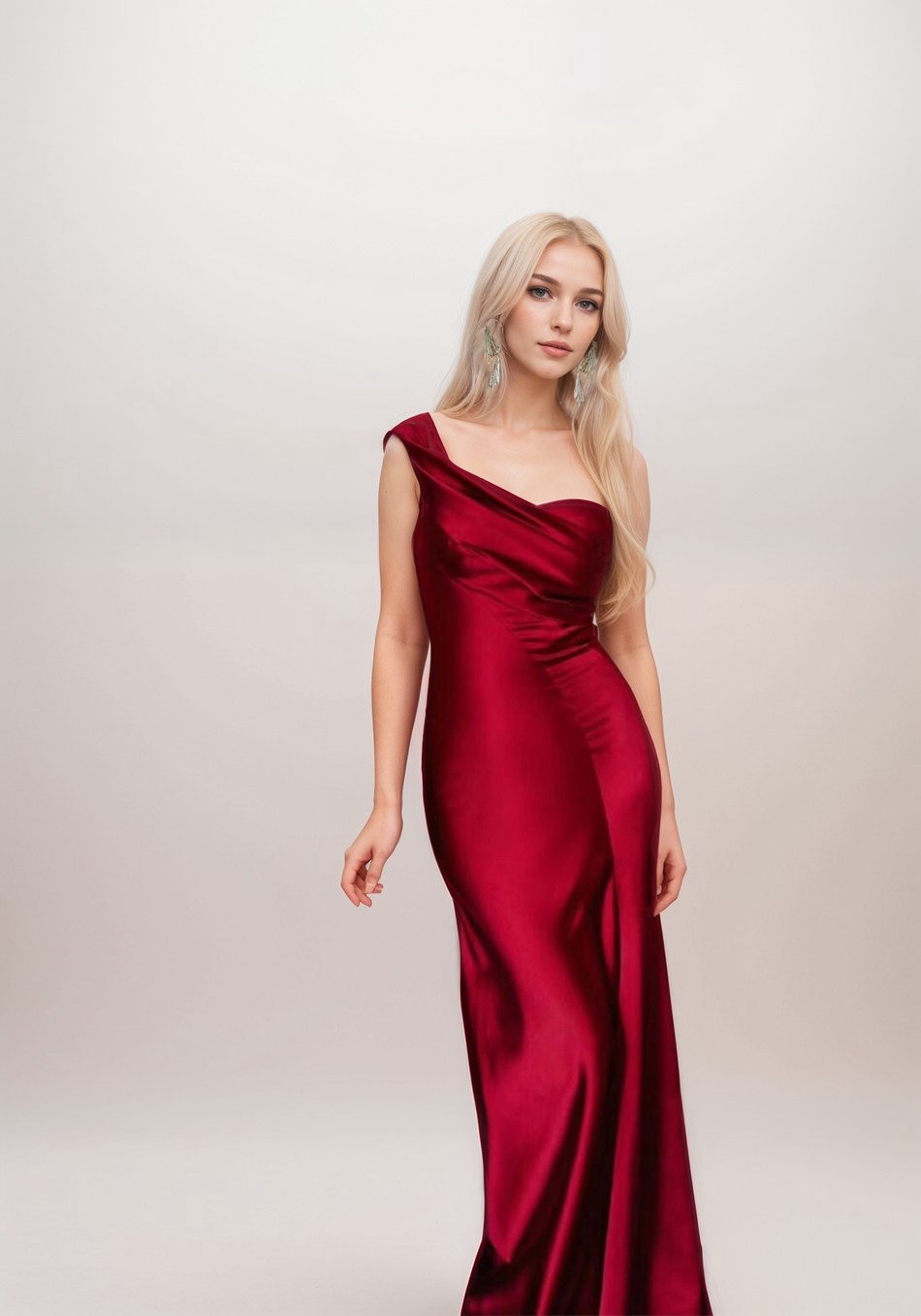 One-Shoulder Pleated Mermaid Satin Gown