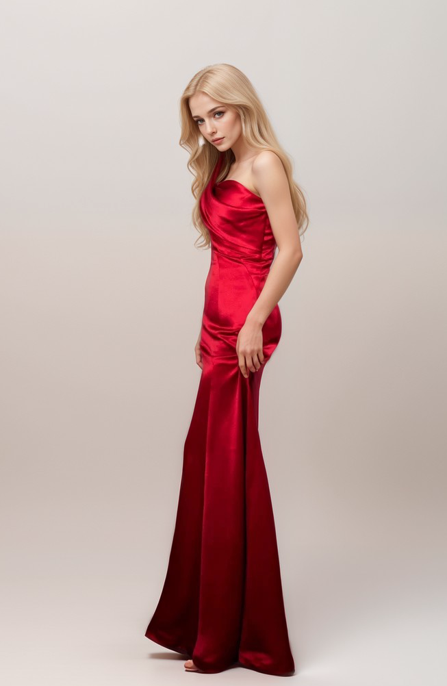 One-Shoulder Pleated Mermaid Satin Gown