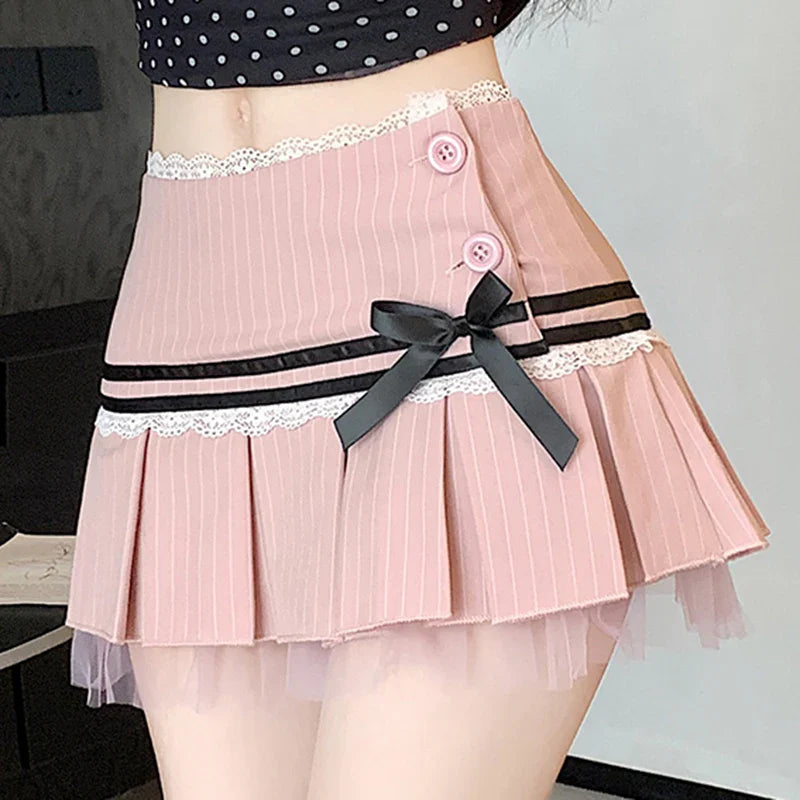 Pleated Mini Skirt with Lace & Ribbon Trim