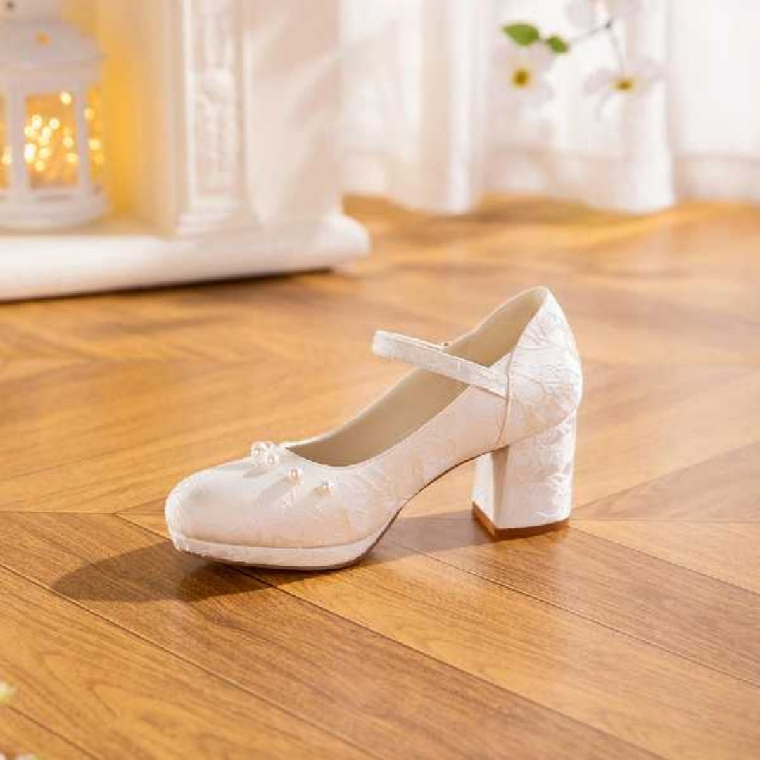 Women's Jacquard Mary Jane Platform Heels | Pearl Bow Waterproof Wedding Shoes