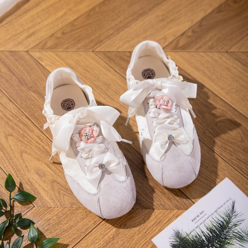 Women's Bow Detail Flat Shoes | Embroidered Fabric Round-Toe Slip-On