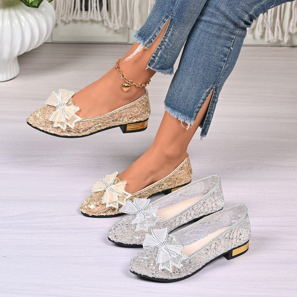 Women's Pointed Toe Mesh Bow Heels – Breathable Slip-On Chunky Low Heel Dress Shoes