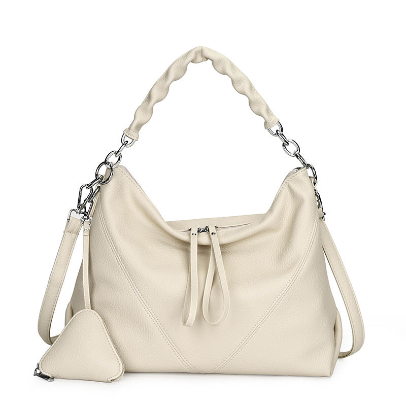 Women's Genuine Leather Chain Shoulder Crossbody Bag with Triangle Pouch