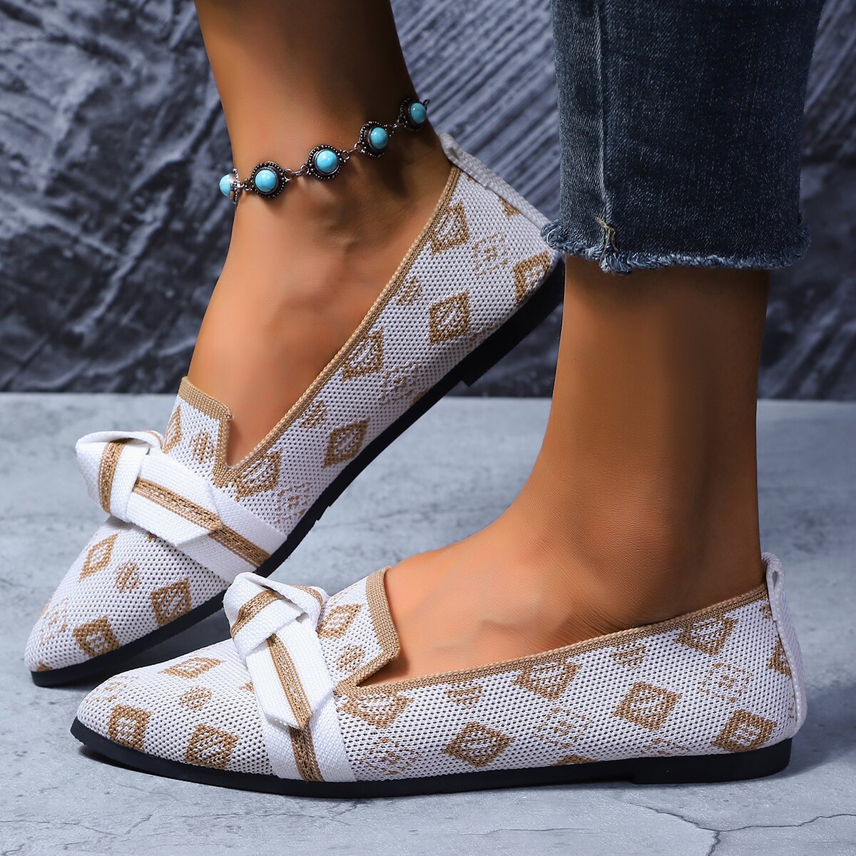 Bow-Tie Loafers | Breathable Mesh Slip-On Pointed Toe Flats
