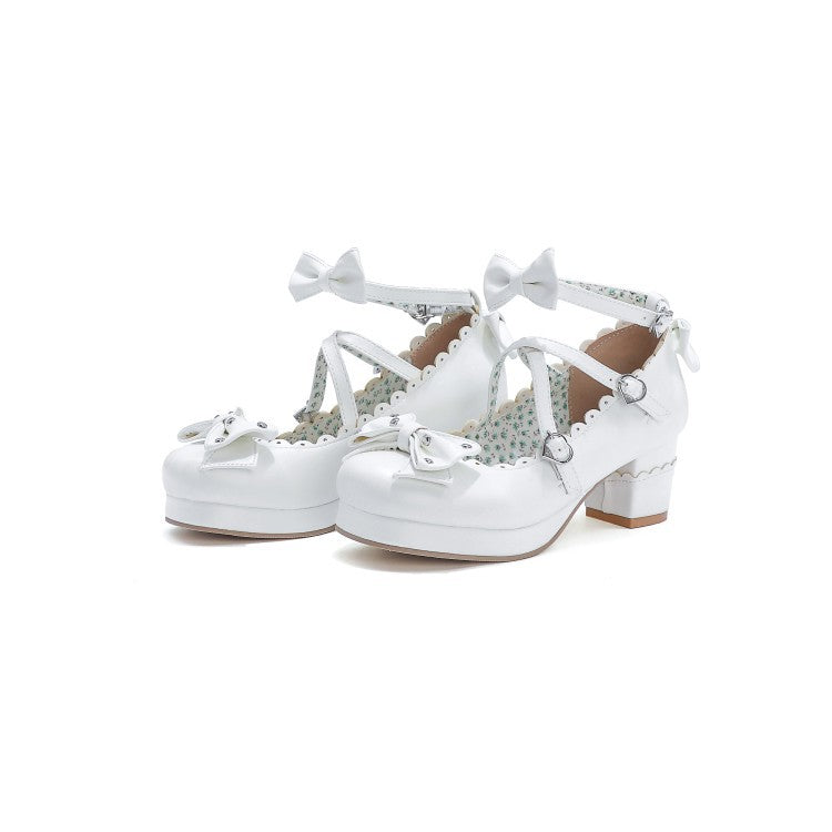 Women's Retro Cute Bow-Clasp Chunky Heel Pumps | Round Toe Block Heels