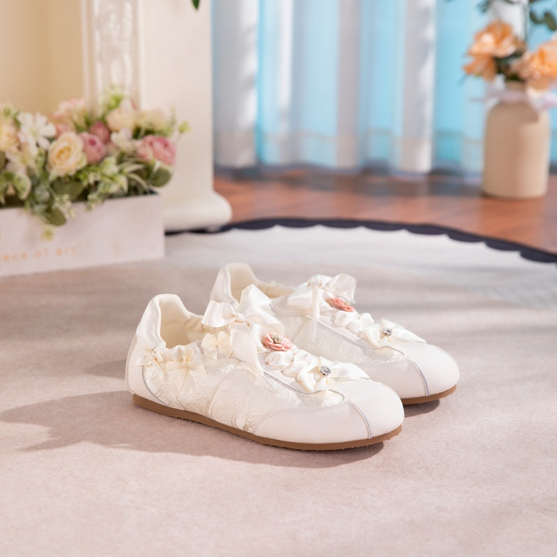 Women's Bow Detail Flat Shoes | Embroidered Fabric Round-Toe Slip-On