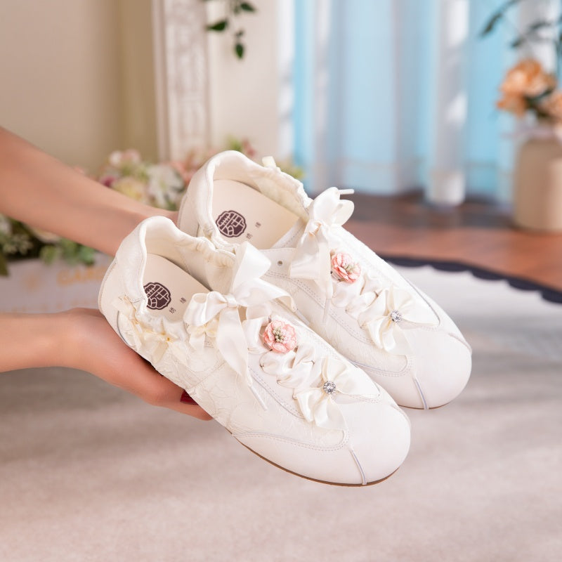 Women's Bow Detail Flat Shoes | Embroidered Fabric Round-Toe Slip-On