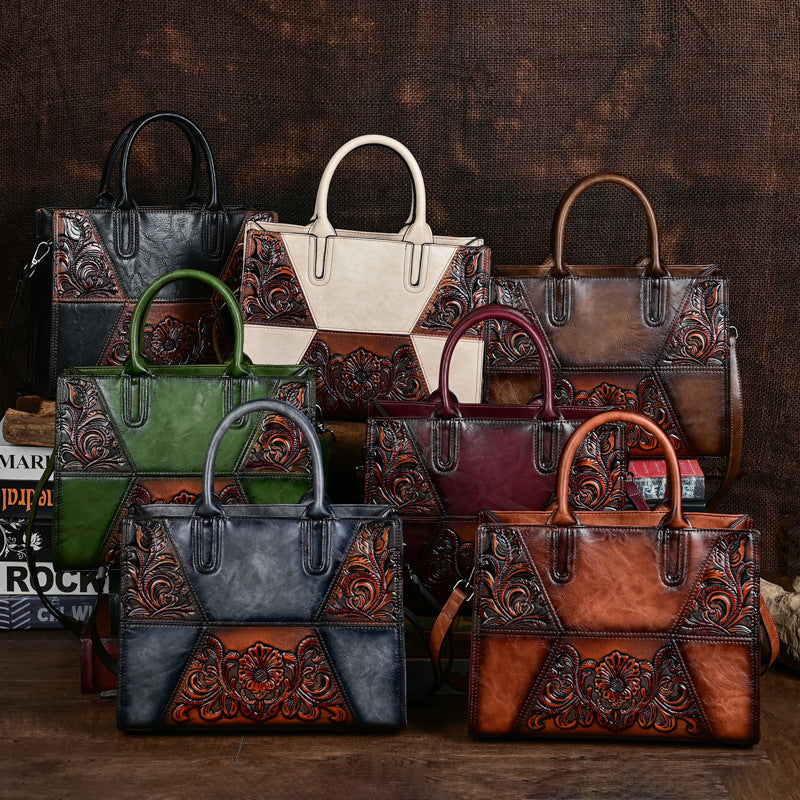 Embossed Patchwork Women's Bag – Large Capacity PU Leather Floral Handbag