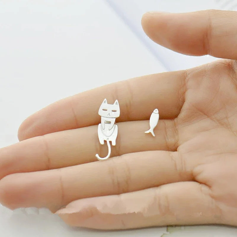 Cat & Fish Sterling Silver Earrings