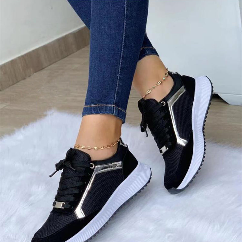 Women's Lace-Up Mesh Sneakers | Breathable Round-Toe Flat Sports Shoes