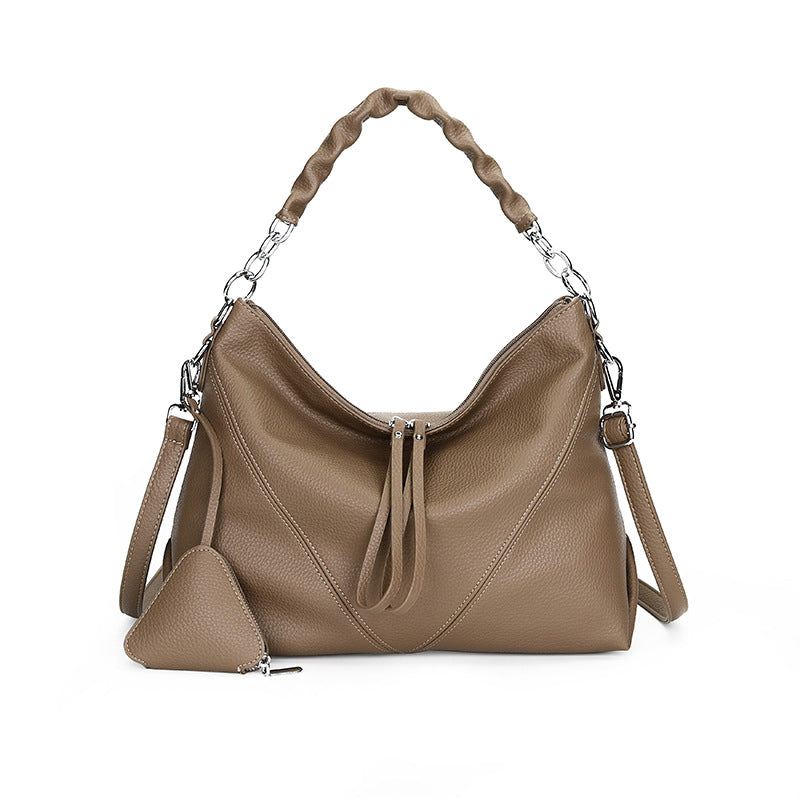 Women's Genuine Leather Chain Shoulder Crossbody Bag with Triangle Pouch