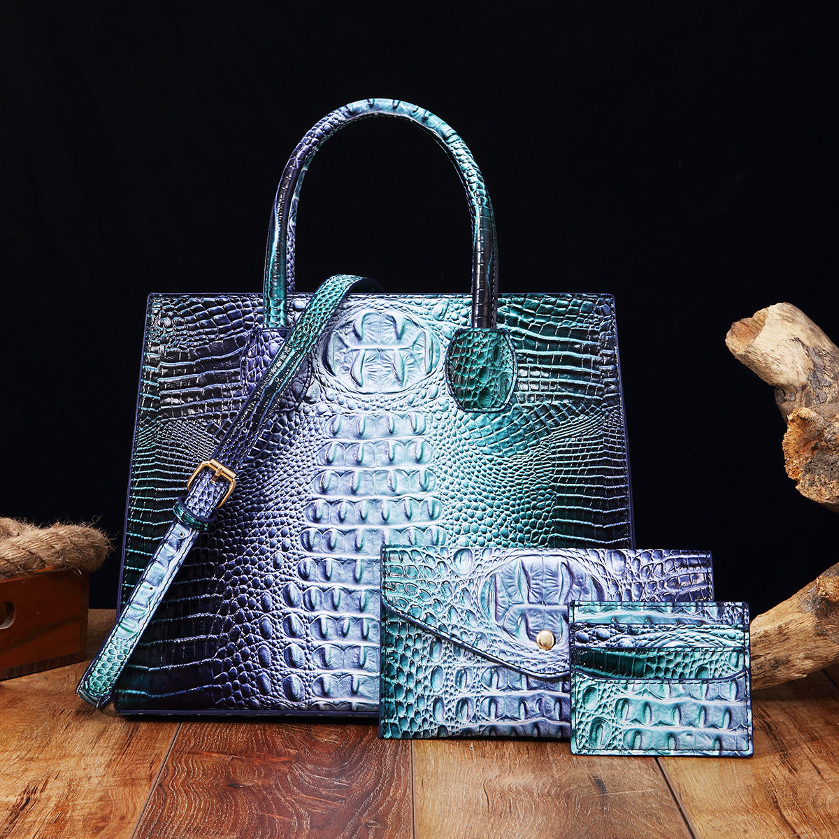 Women's Crocodile-Grain Crossbody Tote Bag Set - 3-Piece Premium PU Leather Handbag Collection
