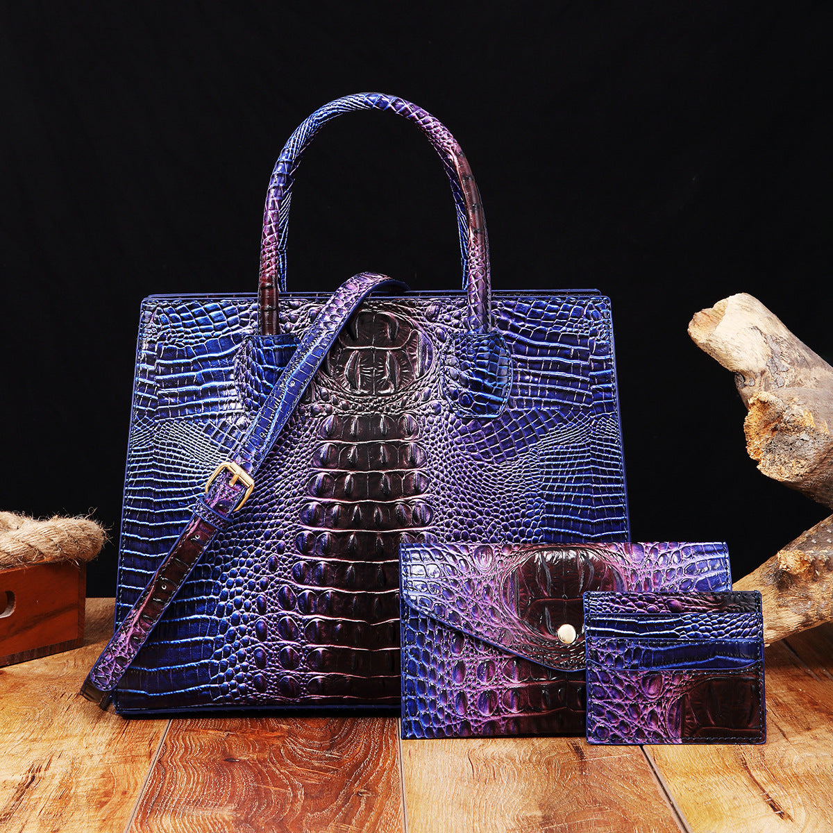 Women's Crocodile-Grain Crossbody Tote Bag Set - 3-Piece Premium PU Leather Handbag Collection