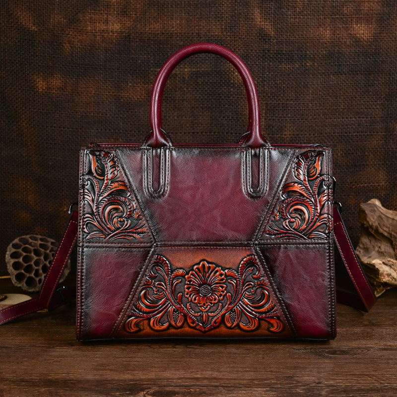 Embossed Patchwork Women's Bag – Large Capacity PU Leather Floral Handbag