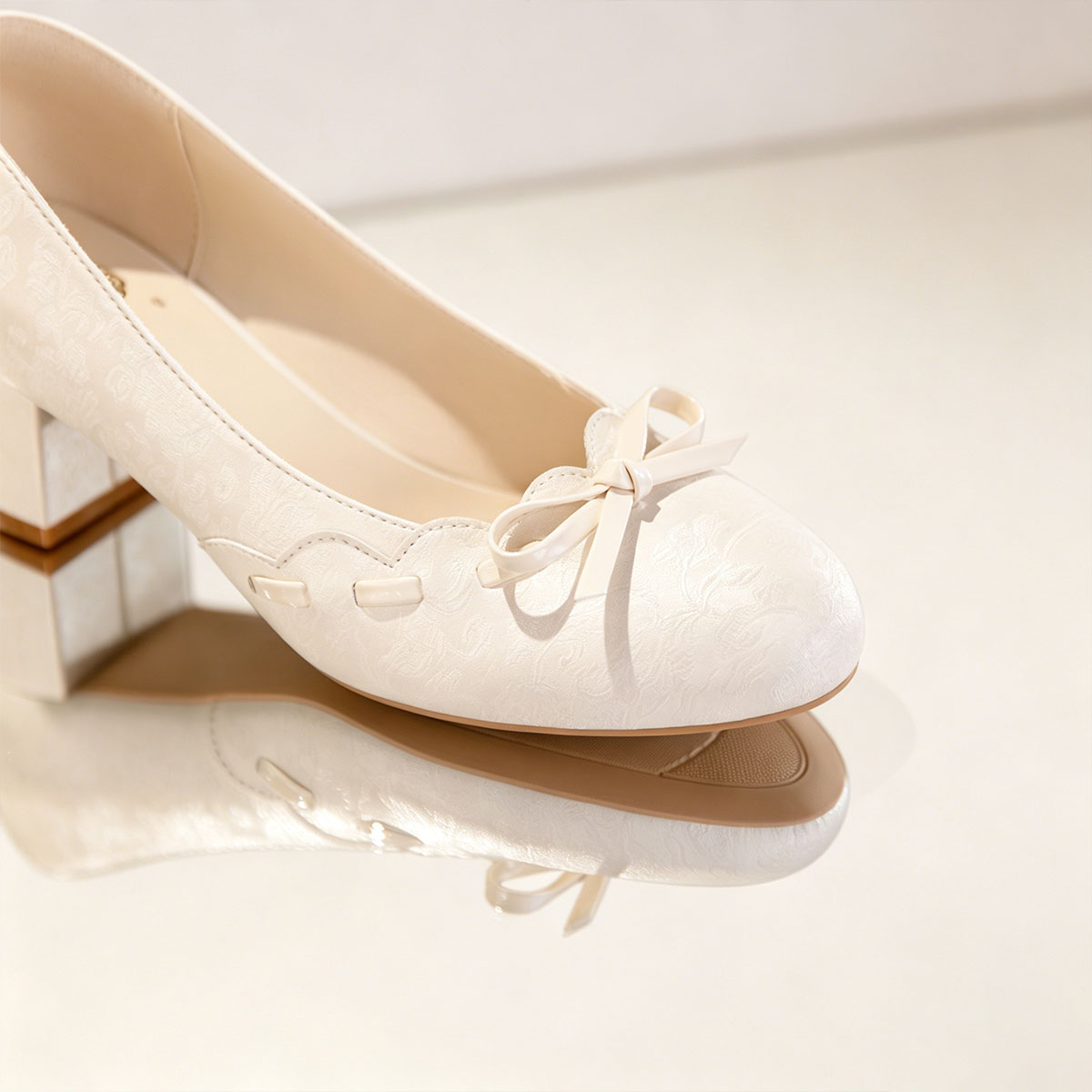 Women's Satin Bow Block Heel Pumps | Ivory Jacquard Slip-On Heels