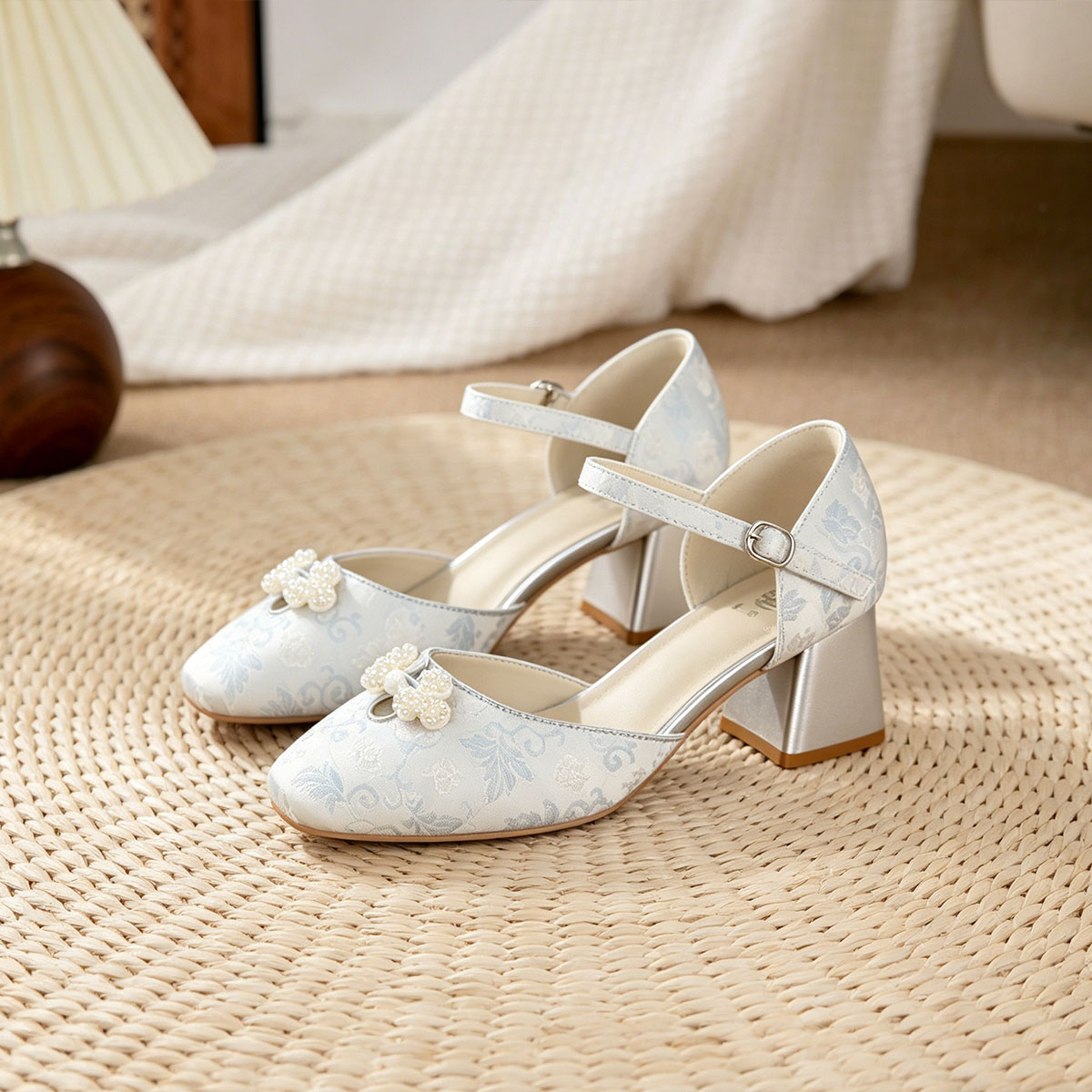 Women's Jacquard Platform Heels | Pearl Bow Square-Toe Chunky Heel Shoes
