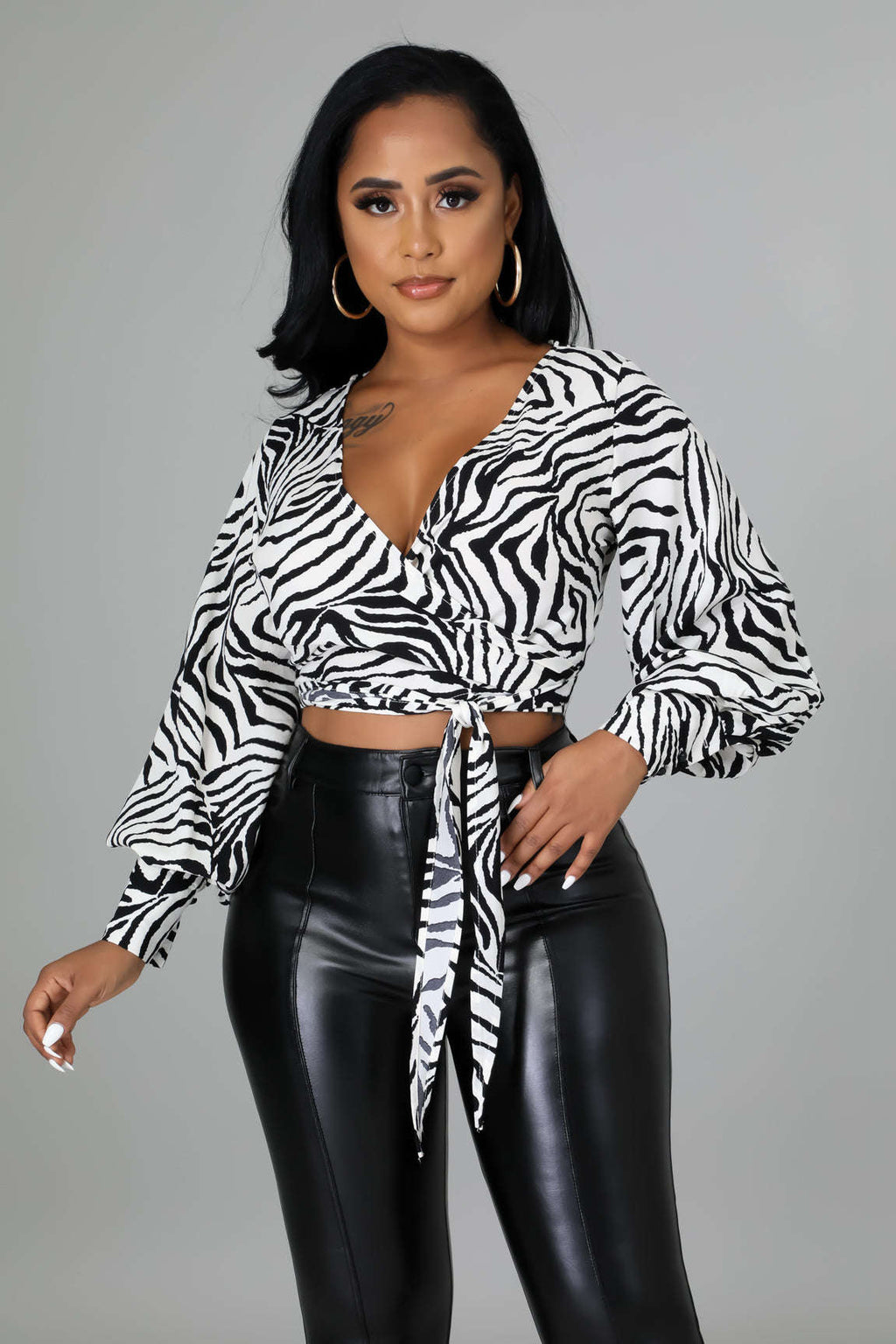 Zebra Print Long-Sleeve Collared Crop Top