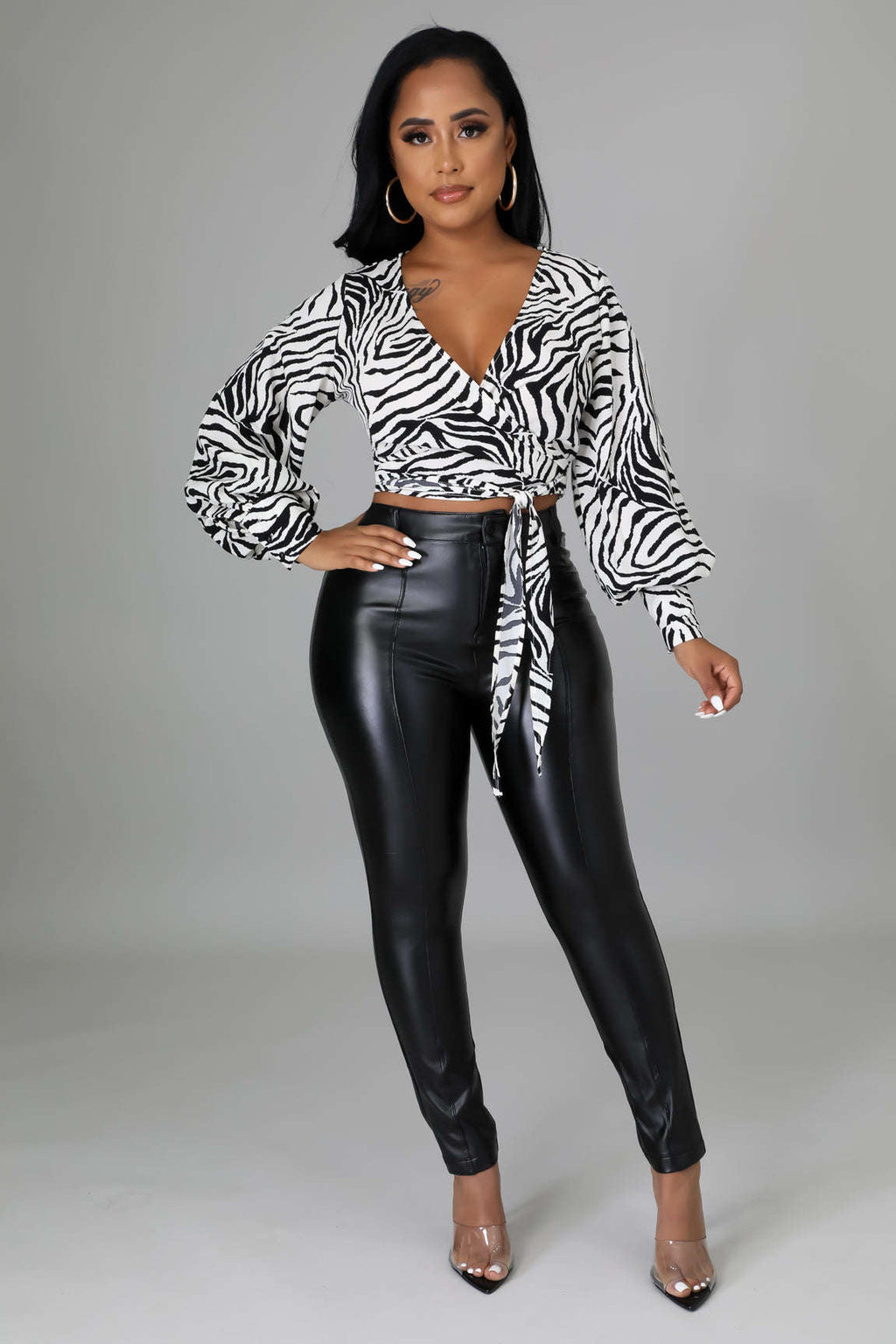 Zebra Print Long-Sleeve Collared Crop Top