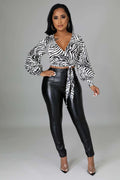 Zebra Print Long-Sleeve Collared Crop Top