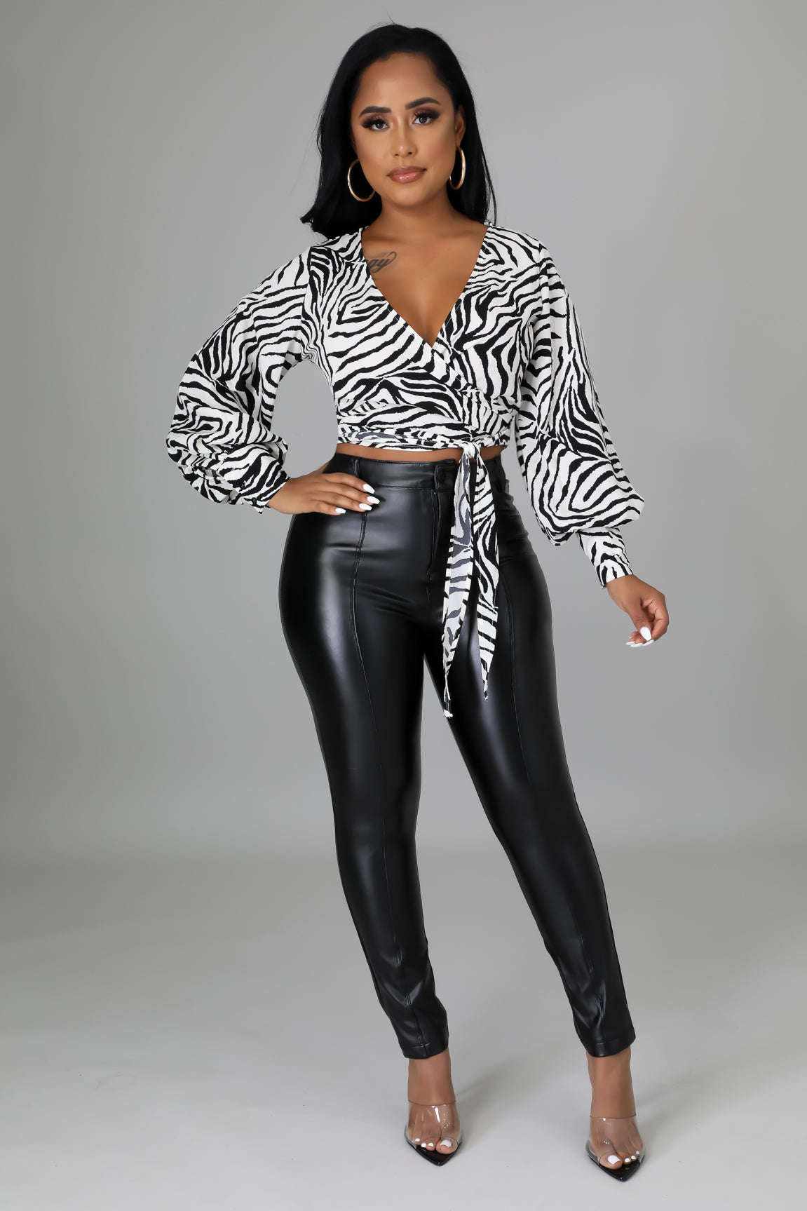 Zebra Print Long-Sleeve Collared Crop Top