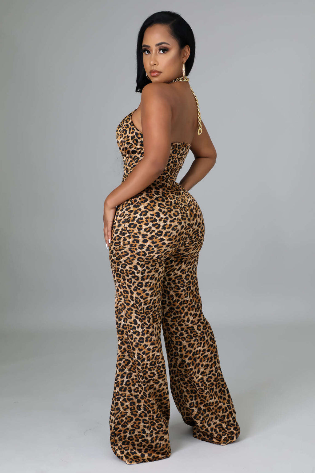 Cheetah Print Halter Chain-Strap Wide-Leg Jumpsuit
