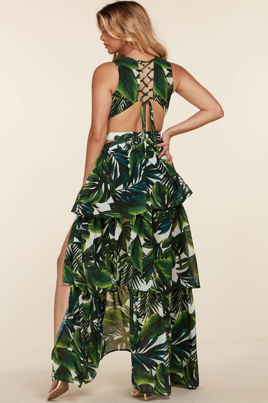 Tropical Leaf Open-Front Lace-Up Maxi Dress