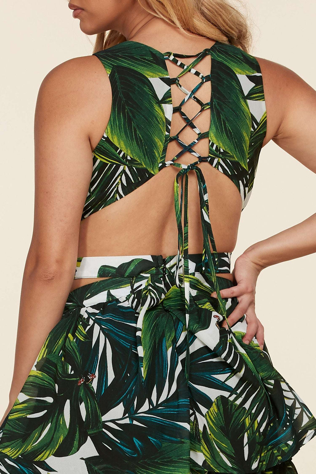 Tropical Leaf Open-Front Lace-Up Maxi Dress