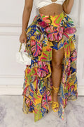 Printed Ruffled High-Low Tulle Skirt