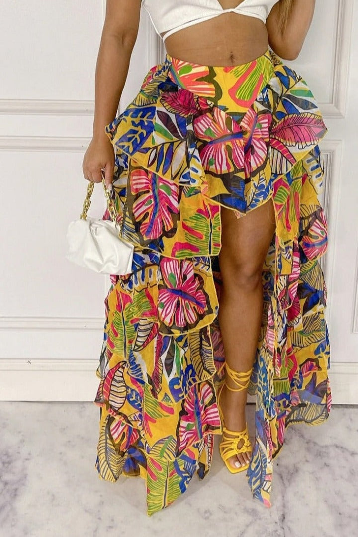 Printed Ruffled High-Low Tulle Skirt