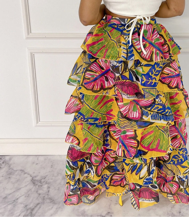 Printed Ruffled High-Low Tulle Skirt