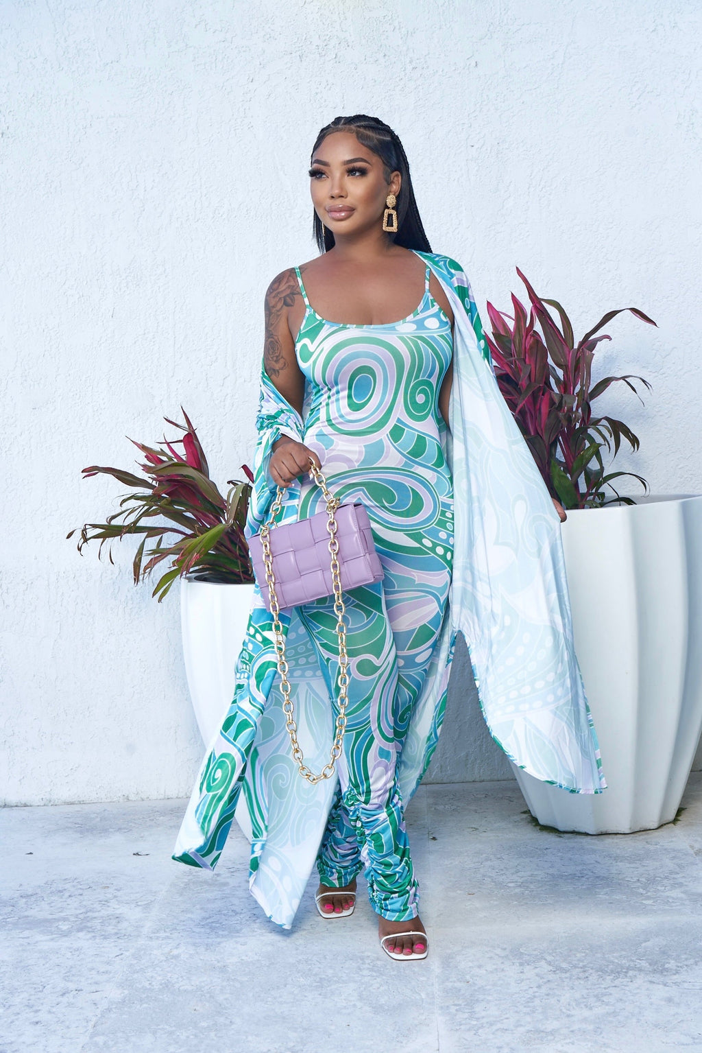 Abstract Print Ruched Jumpsuit & Cardigan Set
