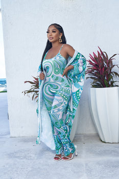 Abstract Print Ruched Jumpsuit & Cardigan Set