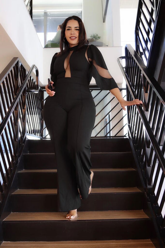 Mesh Contrast Mock-Neck Flared Leg Jumpsuit