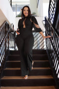 Mesh Contrast Mock-Neck Flared Leg Jumpsuit
