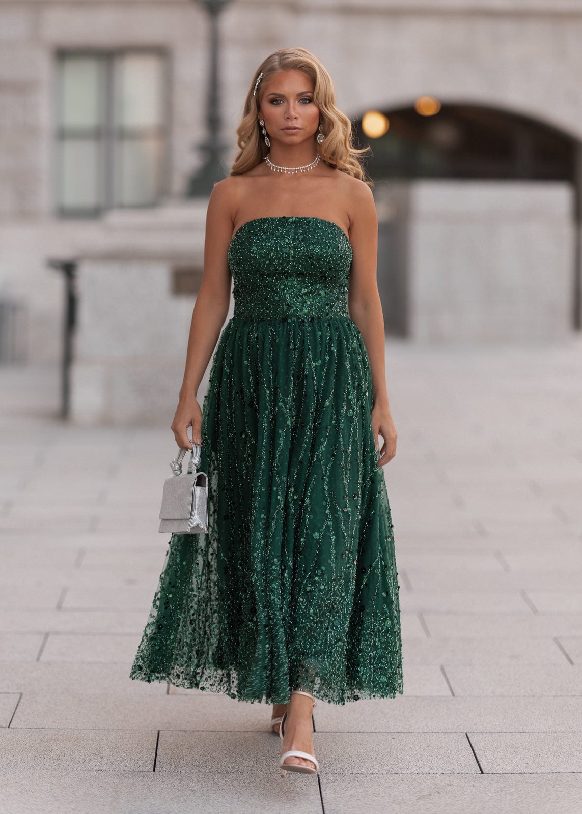 Elphie Sequin Corset Midi Dress – Green