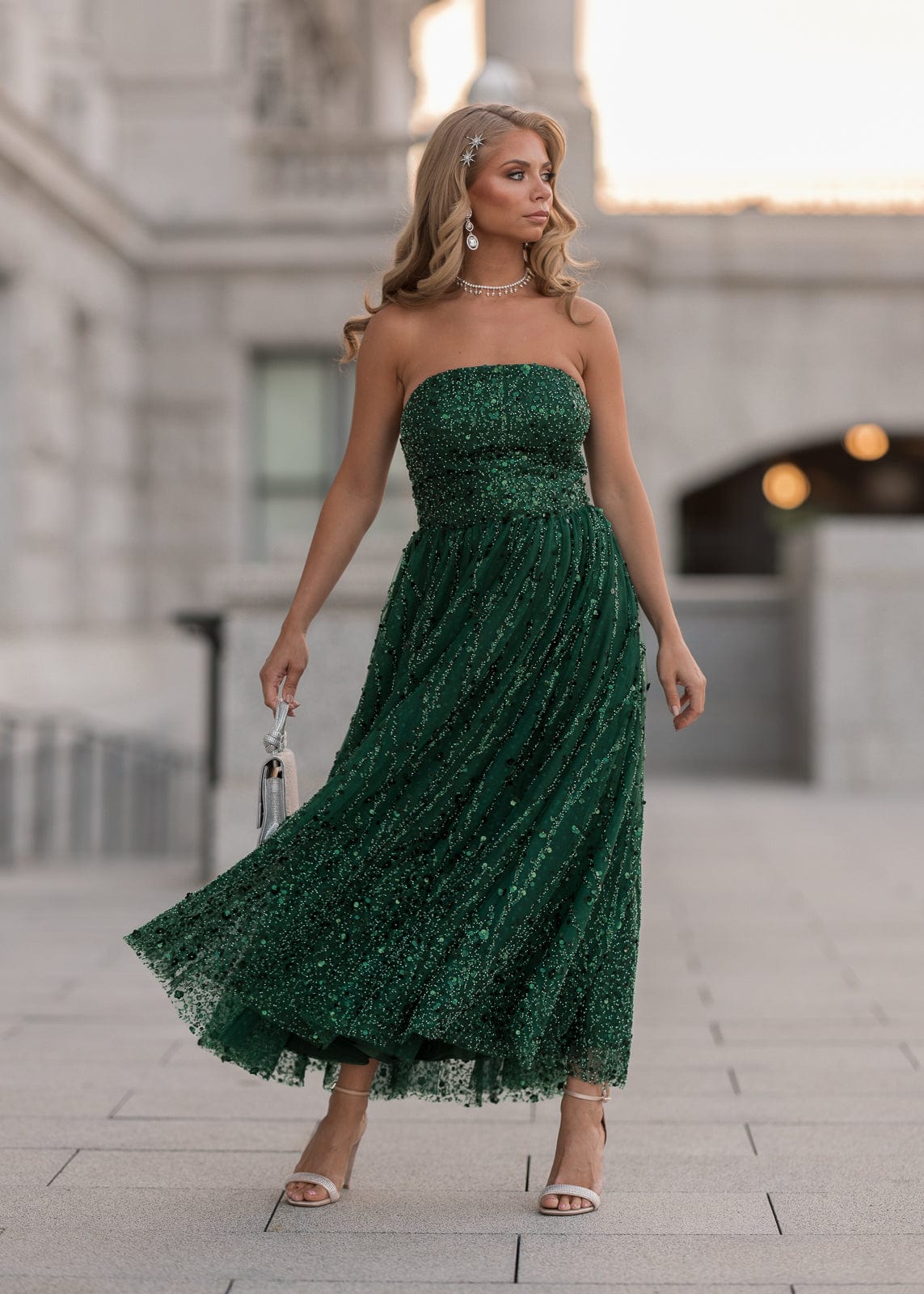 Elphie Sequin Corset Midi Dress – Green