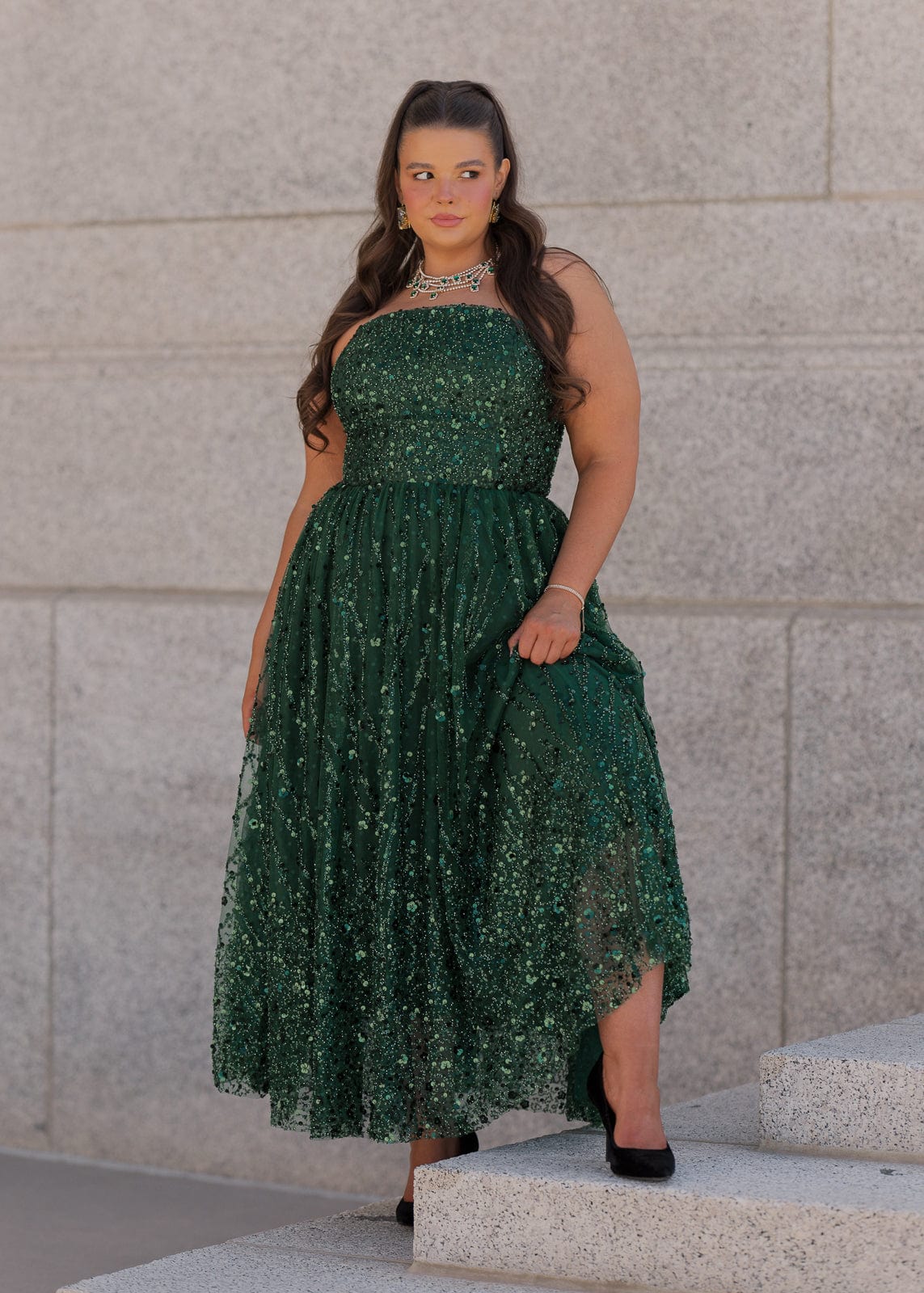 Elphie Sequin Corset Midi Dress – Green