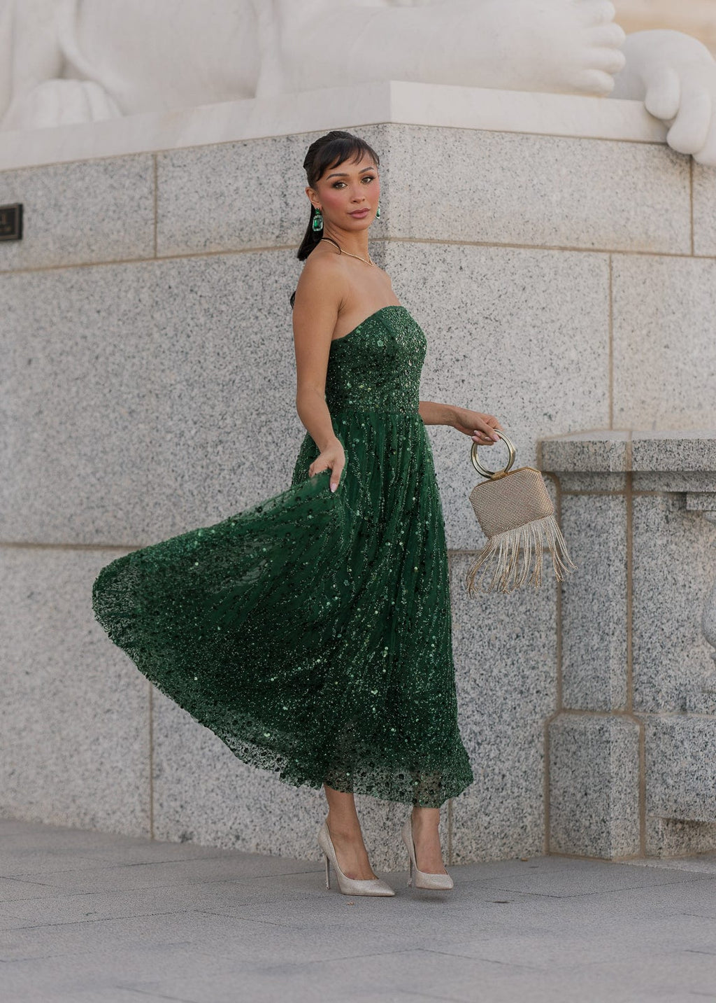 Elphie Sequin Corset Midi Dress – Green