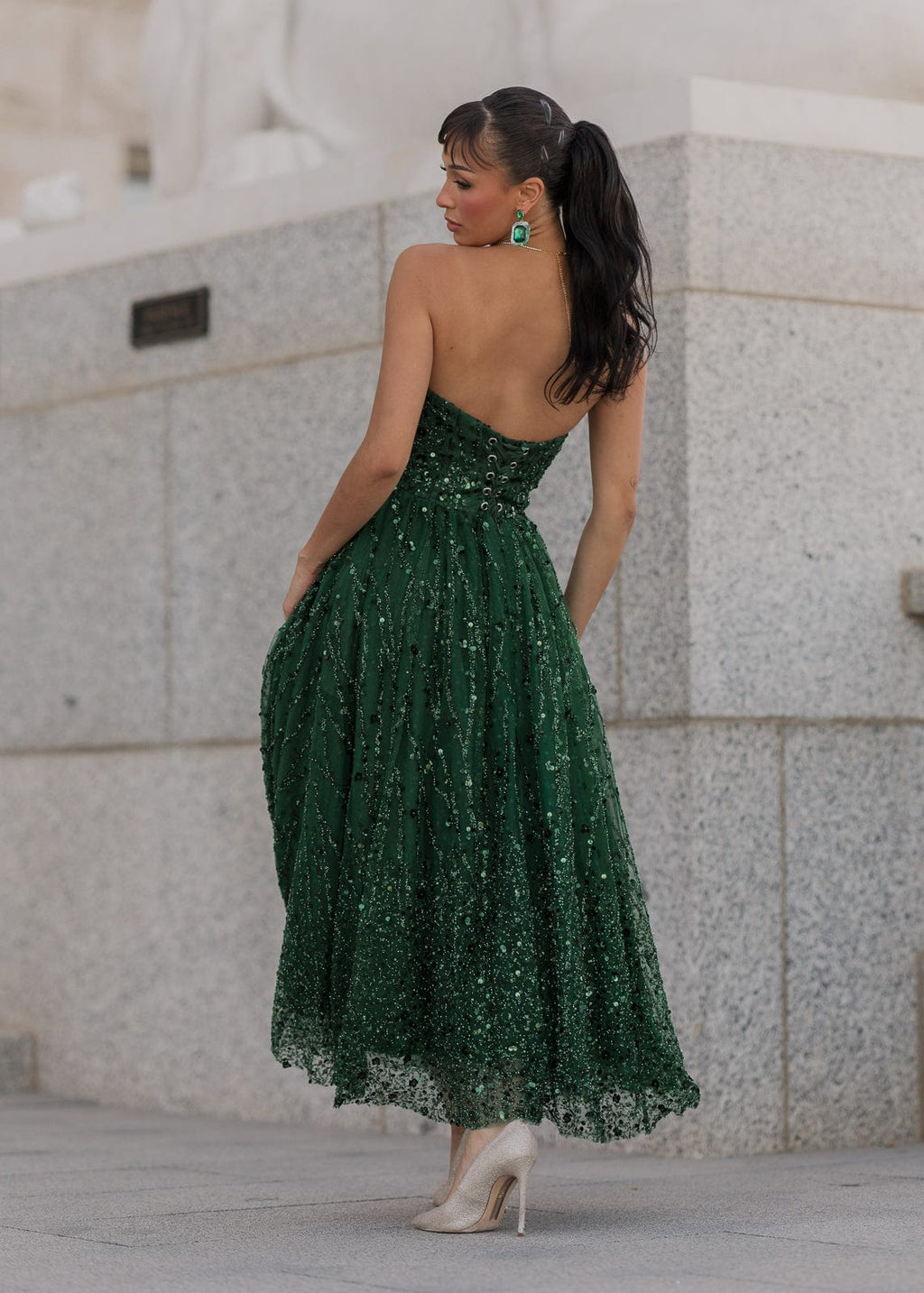 Elphie Sequin Corset Midi Dress – Green