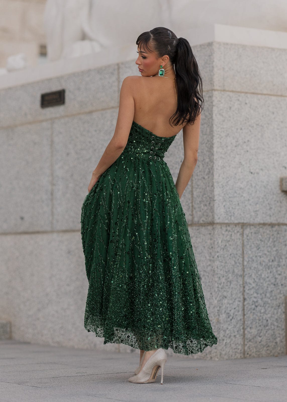 Elphie Sequin Corset Midi Dress – Green