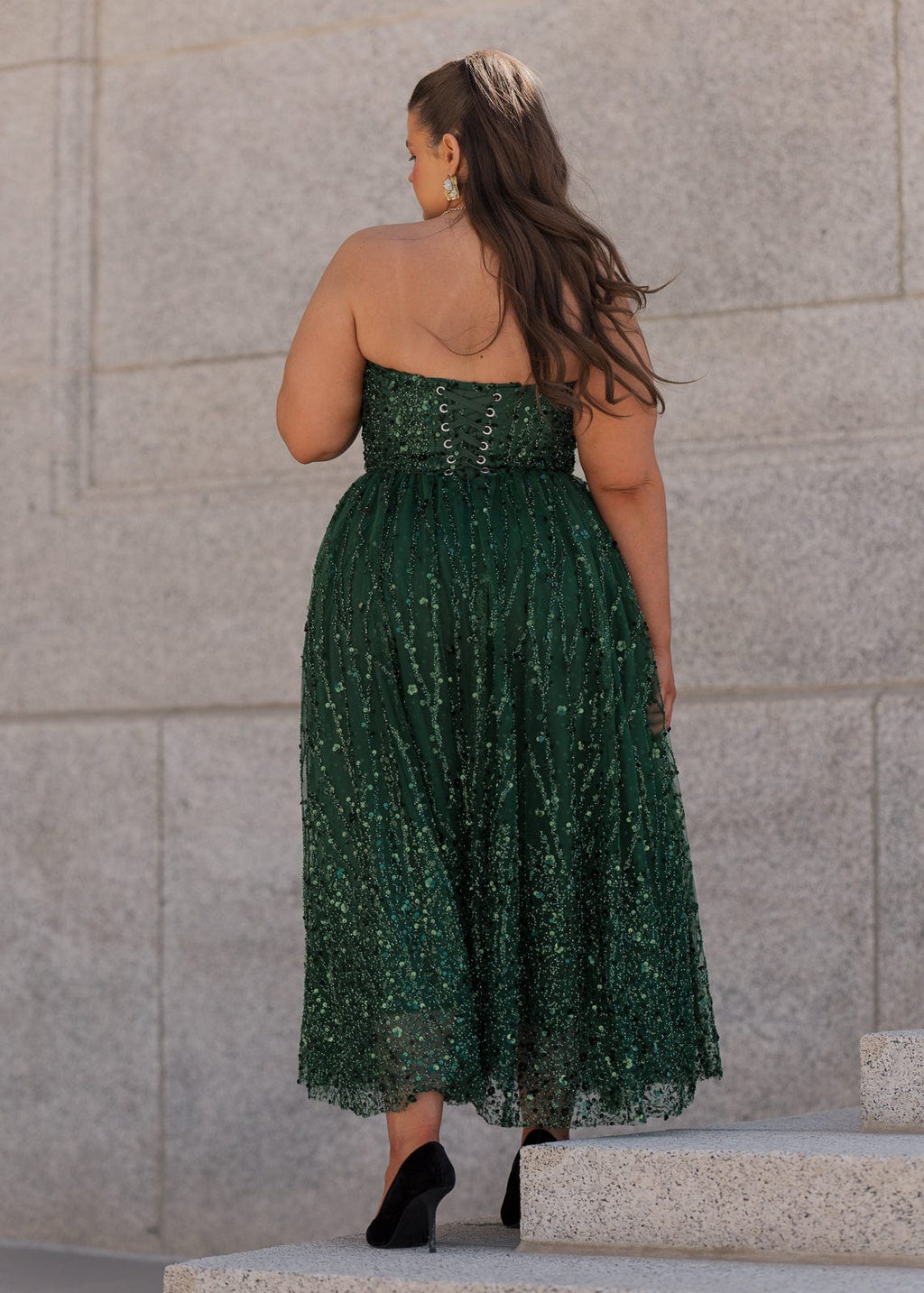 Elphie Sequin Corset Midi Dress – Green